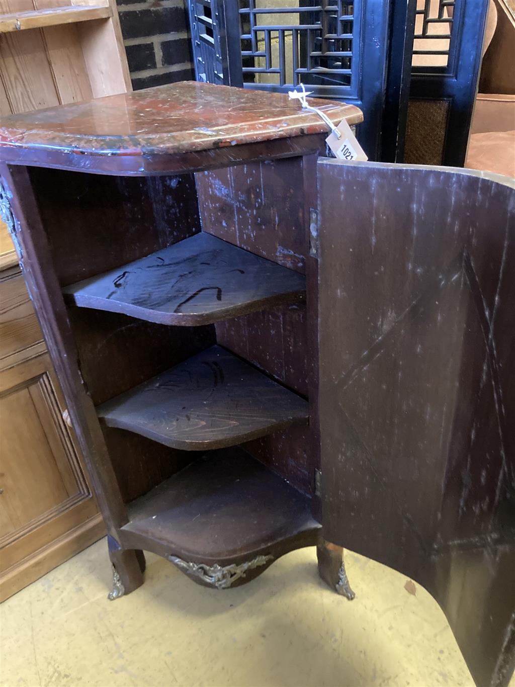 A Louis XVI design marquetry marble top corner cabinet, width 52cm, depth 37cm, height 102cm